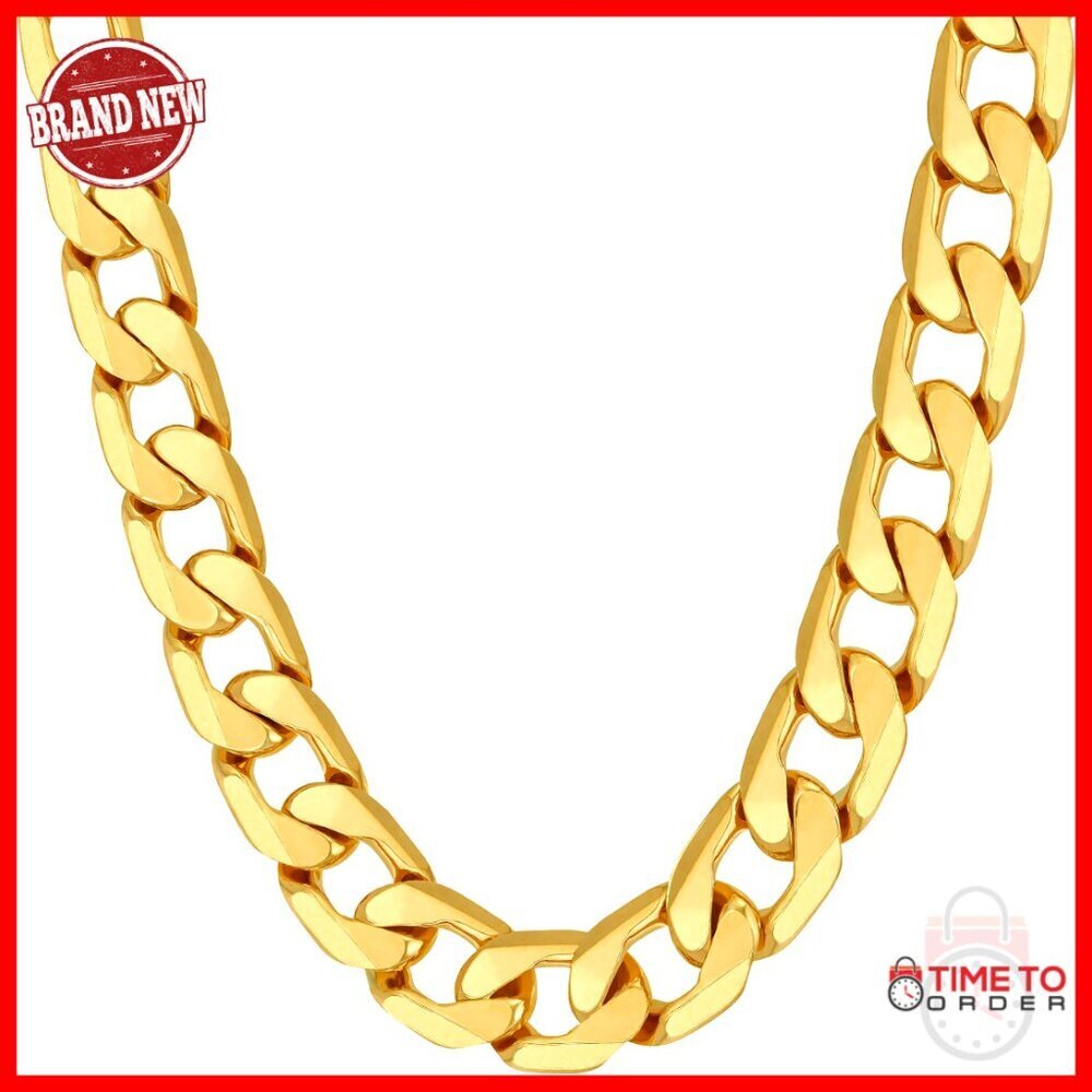 Heavy Duty 24K Gold Plated Cuban Link Chain Necklace with Lobster Clasp